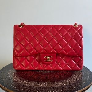 CHANEL Red Classic Double Flap Quilted Caviar Bag